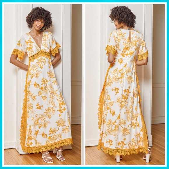 Lulus Dresses & Skirts - NWT Lulu's Sweeten the Occasion Yellow Floral Lace Short Sleeve Maxi Dress
